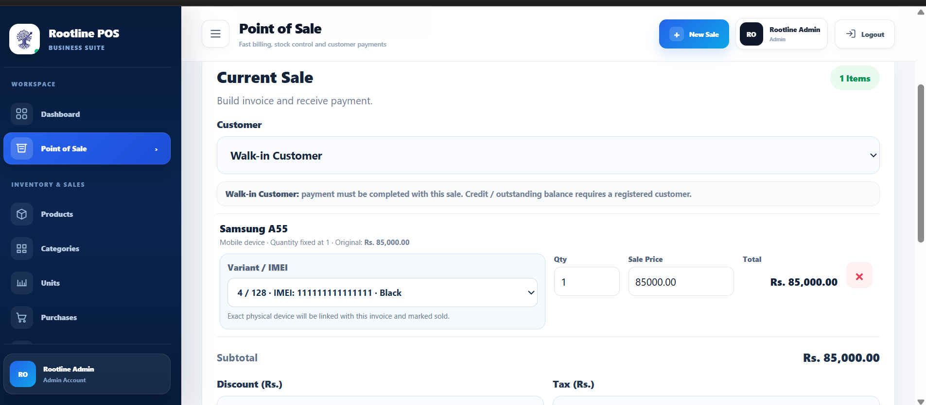 Rootline POS Sale Screen